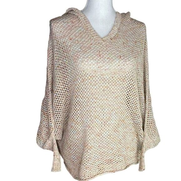 Kerisma Wm’s Sz Med Tan Speckled Dolman Sleeve Hooded Open Knit Sweater - Picture 1 of 6